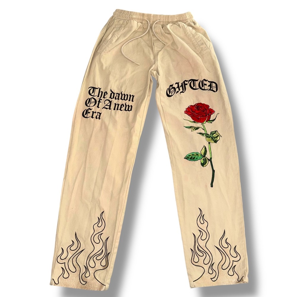 GFTD LA Mens Large Cream Rose Flame Embroidered Cotton Drawstring Pants‎